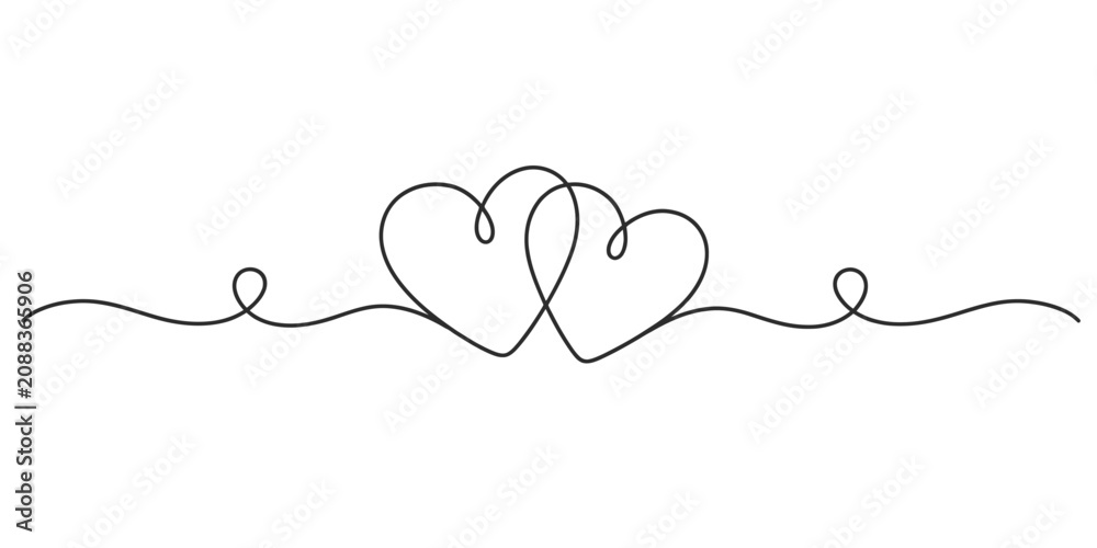 Fototapeta premium Continuous line art illustration of two interlocking hearts in a minimalist black and white style
