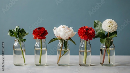 Colorful fresh flowers displayed in glass vases on minimalist table