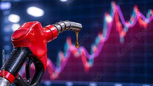 Red fuel nozzle with rising oil price market chart and energy trading concept