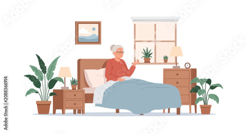 Obraz na plátně An elderly woman with glasses sits up in her cozy bed in a light-filled bedroom surrounded by several indoor plants and wooden furniture