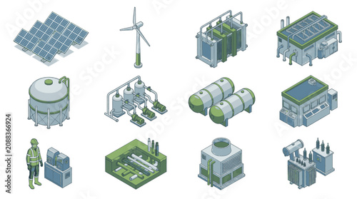 Foto Collection of isometric icons depicting various renewable energy sources and technologies