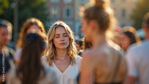 Young woman practicing mindfulness meditation in busy urban environment