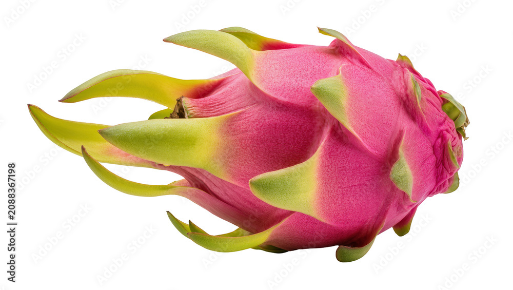 Obraz premium Vibrant pink dragon fruit with green and yellow scales, isolated on transparent background