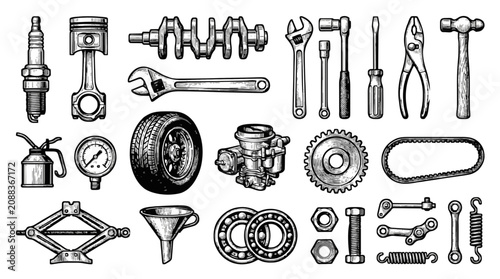 Bild auf Leinwand Vintage Automotive Parts and Mechanic Tools Engraving Set with Engine Components