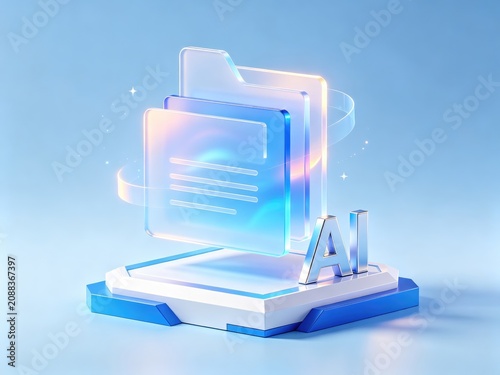 Futuristic AI document system with glowing digital files and smart automation technology, idea for artificial intelligence and data processing design