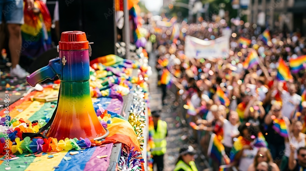 Fototapeta premium Rainbow megaphone at a pride parade street festival with cheering crowd