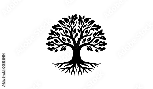 Canvas Print Minimal Oak Tree Logo with Roots and Branches Black Silhouette Vector Icon Desig