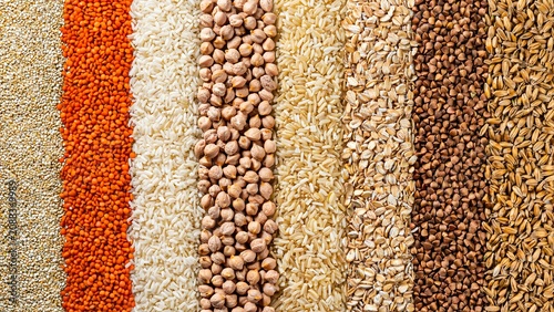 Assorted healthy grains legumes and cereals arranged in colorful rows