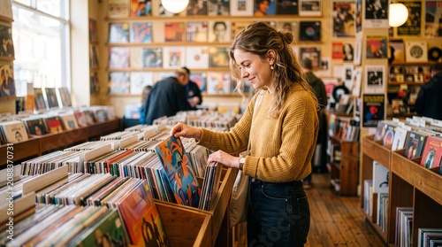 Happy young woman browsing vinyl records in a classic music store with vintage atmosphere