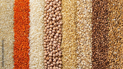 Assorted healthy grains legumes and cereals arranged in colorful rows