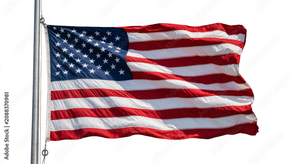 Fototapeta premium Waving American flag with stars and stripes, isolated on transparent background