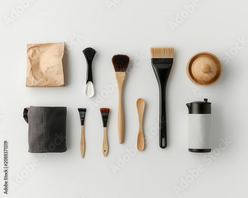 Flat lay of coffee gear with cloth filters and natural brushes, sustainable coffee culture, lowwaste brew kit