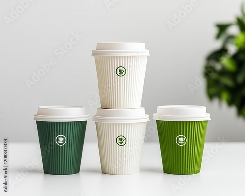 Biodegradable cups stacked in cafe with earthtone branding, sustainable coffee culture, conscious consumer design