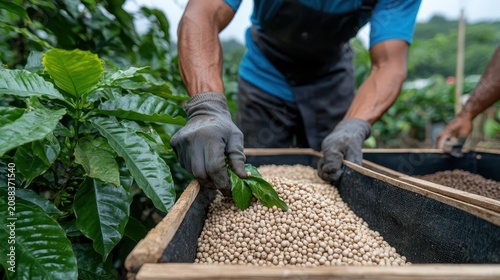 Farmers sorting organic beans in coop facility, sustainable coffee culture, communitydriven production scene