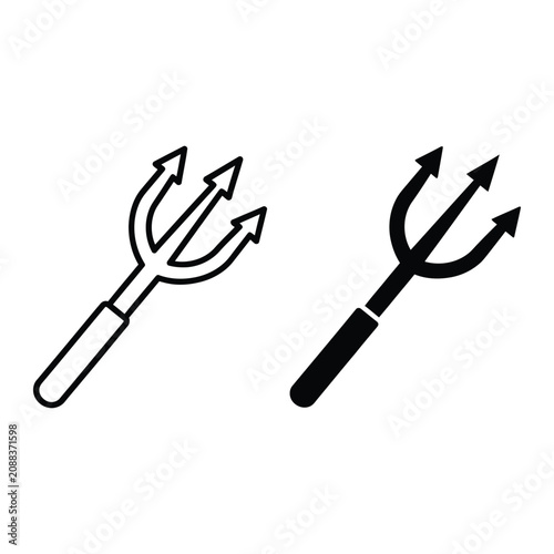 Trident icons, devil pitchfork symbols, line art illustration