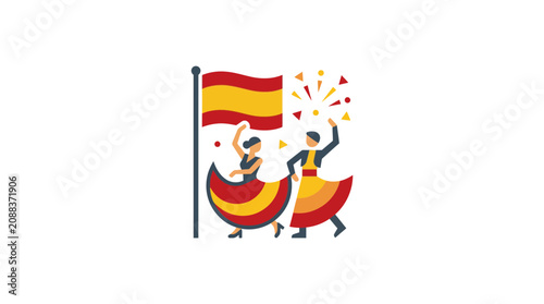 Spanish Dancers Celebrate with Flag and Fireworks - Fiesta and Culture
