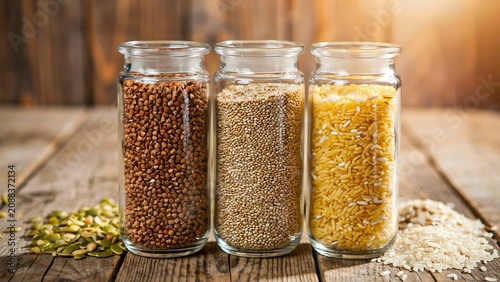 Glass jars filled with healthy grains and cereals on rustic wooden table