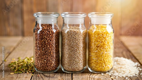 Glass jars filled with healthy grains and cereals on rustic wooden table