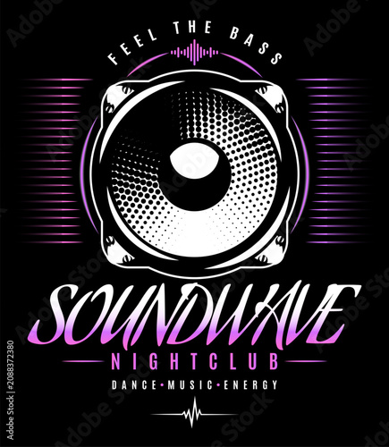 Tableau sur toile Retro Neon Club Poster with Large Speaker Driver and Purple Gradient Text Soundwave Nightclub Dance Music Energy
