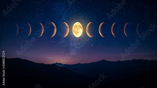 Sequence of full moon phases above mountain landscape under starry night sky