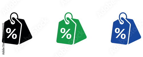 фотографія Set of three colorful discount price tag icons with percent symbols for retail marketing sales