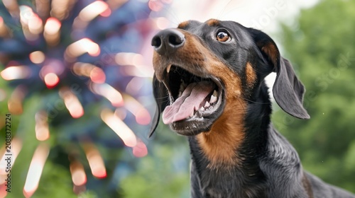 Happy dog enjoying colorful fireworks display in a summer evening celebration, capturing joy and excitement in a vibrant setting