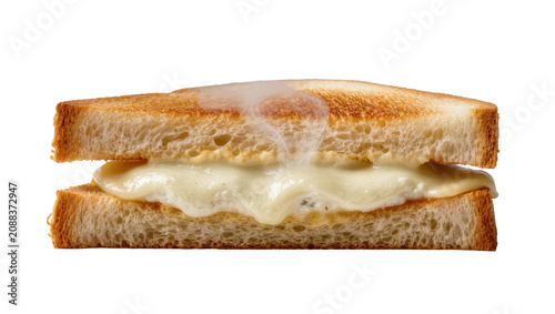 Obraz na plátně Golden brown toasted bread sandwich with melted cheese oozing out, isolated on t