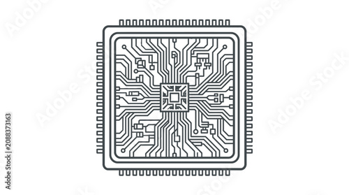 Minimalist Black and White Line Art of an Integrated Circuit Chip with Circuit Traces and Pins with high quality professional line art symbols for modern creative design and digital branding projects