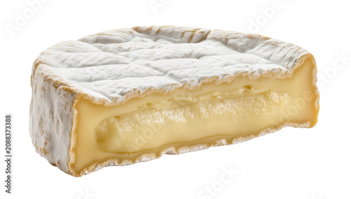 Fotografie Creamy soft cheese with white mold rind oozing interior, isolated on transparent