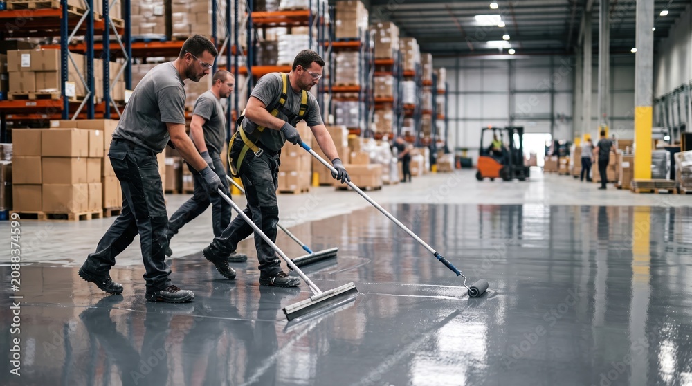 Fototapeta premium Team of workers cleaning a warehouse facility