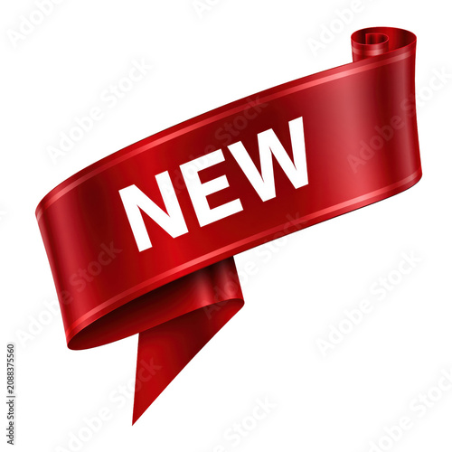 Red glossy ribbon banner with new text, creating a promotional label or tag for announcing new arrivals and product launches, transparent background