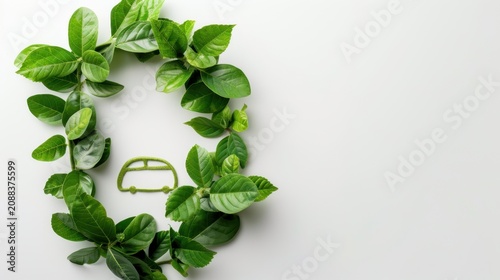 Eco-Friendly Concept with Green Leaves Framing a Minimalistic Car Outline on a White Background