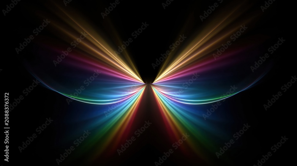 Naklejka premium Abstract Rainbow Light Wings Butterfly Shape Fractal Art on Black Background