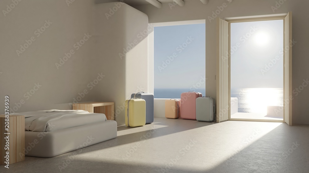 Fototapeta premium Serene Hotel Room with Colorful Luggage and Ocean View Balcony During Bright Sunny Day