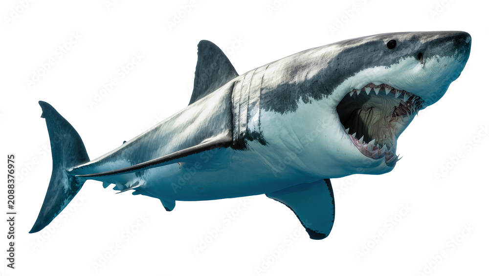 Fototapeta premium Great white shark with open mouth and sharp teeth, isolated on transparent background