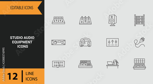 Studio Audio Equipment Icons Outline icon set: Pro Studio Audio Equipment Outline Icons for Recording Musicians Engineers and Mixing Desks