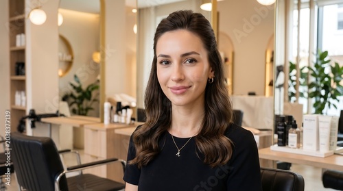Portrait of a smiling young female hairdresser standing in a modern hair salon.