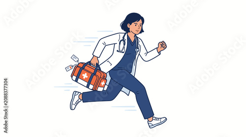 Young Woman doctor run to patient Cartoon Vector Illustration