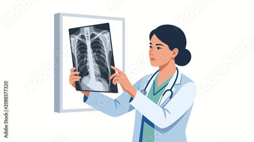 Professional Female Doctor Examining X Ray Image in Hospital Clinic Healthcare Setting with Stethoscope and Medical Expertise