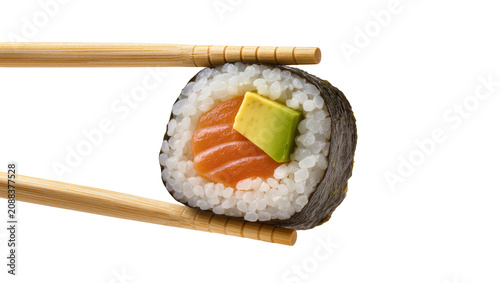Canvastavla Salmon and avocado sushi roll held by chopsticks, isolated on transparent backgr
