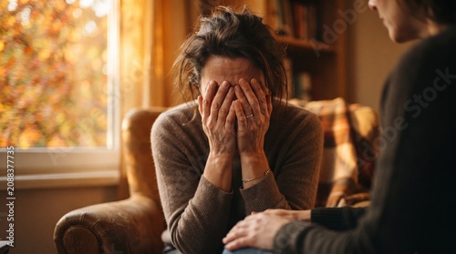 Upset woman severe stress and depression. man in despair crying. sadness and grief. hands covered face through tears. release of negative emotions. sad emotion in psychotherapy
