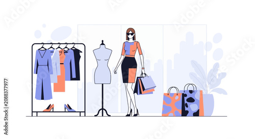 Woman organizing clothes in closet with minimalist style.