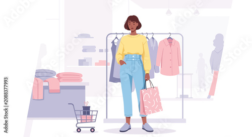 Woman organizing clothes in a minimalist bedroom setting.