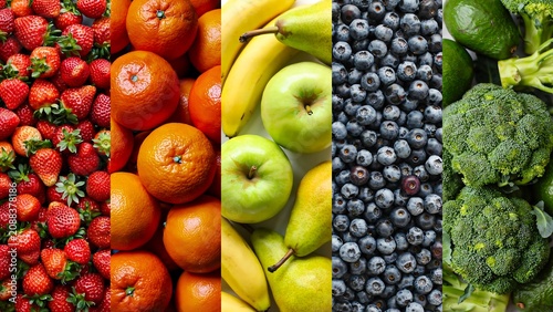 Fresh colorful fruits and vegetables arranged in healthy nutrition collage