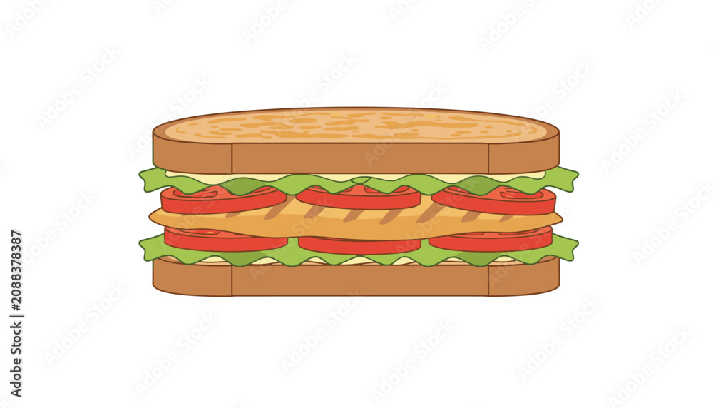 Obraz premium Freshly prepared toasted sandwich featuring layers of green lettuce, sliced red tomatoes, and grilled meat served on crusty whole grain bread.