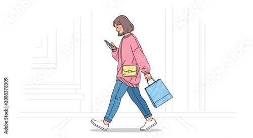 Young woman carrying colorful shopping bags outdoors in summer.