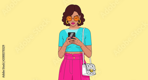 Young woman holding a smartphone and shopping bag outdoors.