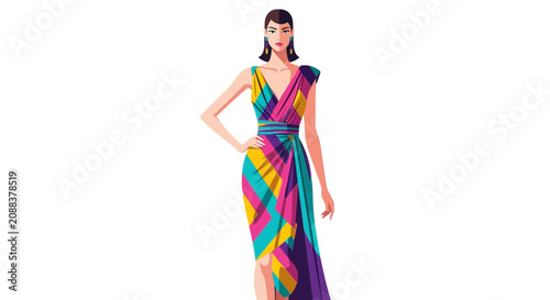 Young woman wearing colorful striped dress in motion.