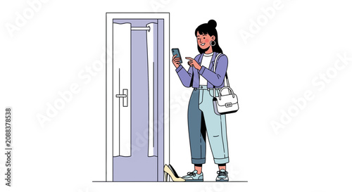 Young woman wearing denim jacket standing by open door.