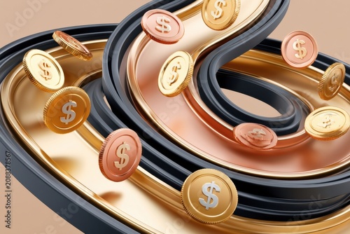 Close-up 3D render of flowing gold and copper dollar coins on abstract metallic loops for finance and wealth concepts